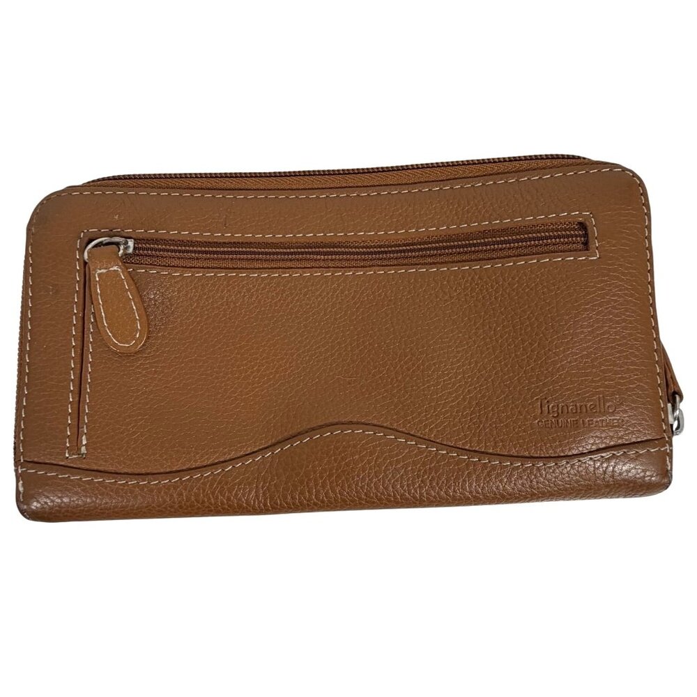 TIGNANELLO Large Pebble Leather Zip Around Wallet Clutch In Camel Tan 7.5x4"